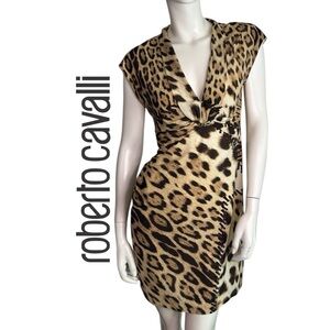 Roberto Cavalli Leopard-Print V-Neck Mini Dress in Tan and Black